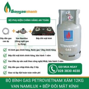 Bộ bình gas PetroVietnam Xám van Namilux bếp đôi mặt kính