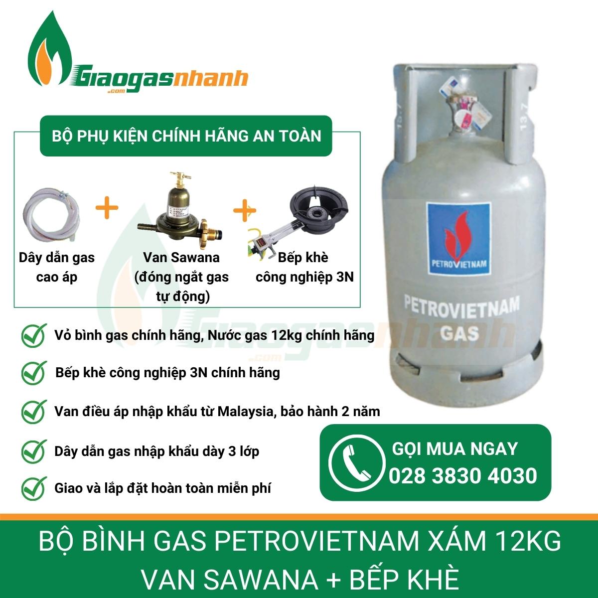 Bộ Bình Gas Petrovietnam xám 12kg van Sawana bếp khè