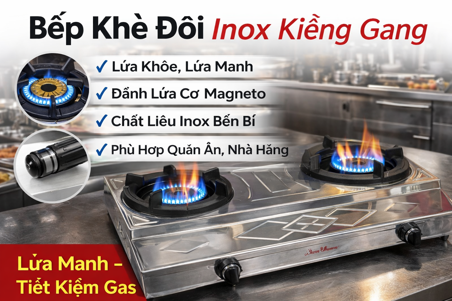 Bếp Khè Công Nghiệp Inox Kiềng Gang Lò Đôi